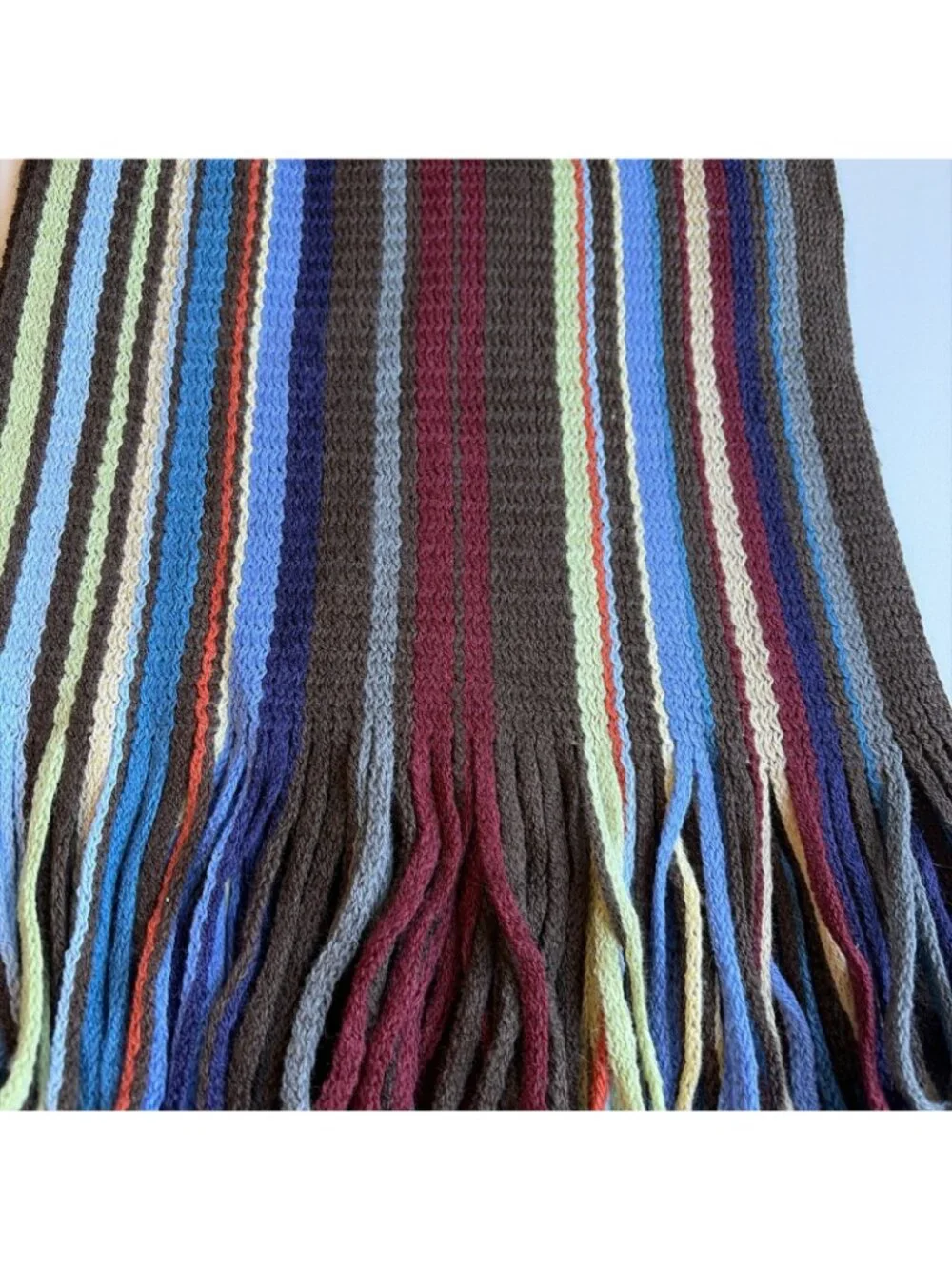 Vintage Y2K Vertical Striped Scarf Warp Knit Fringe Rainbow Colorful 10X74